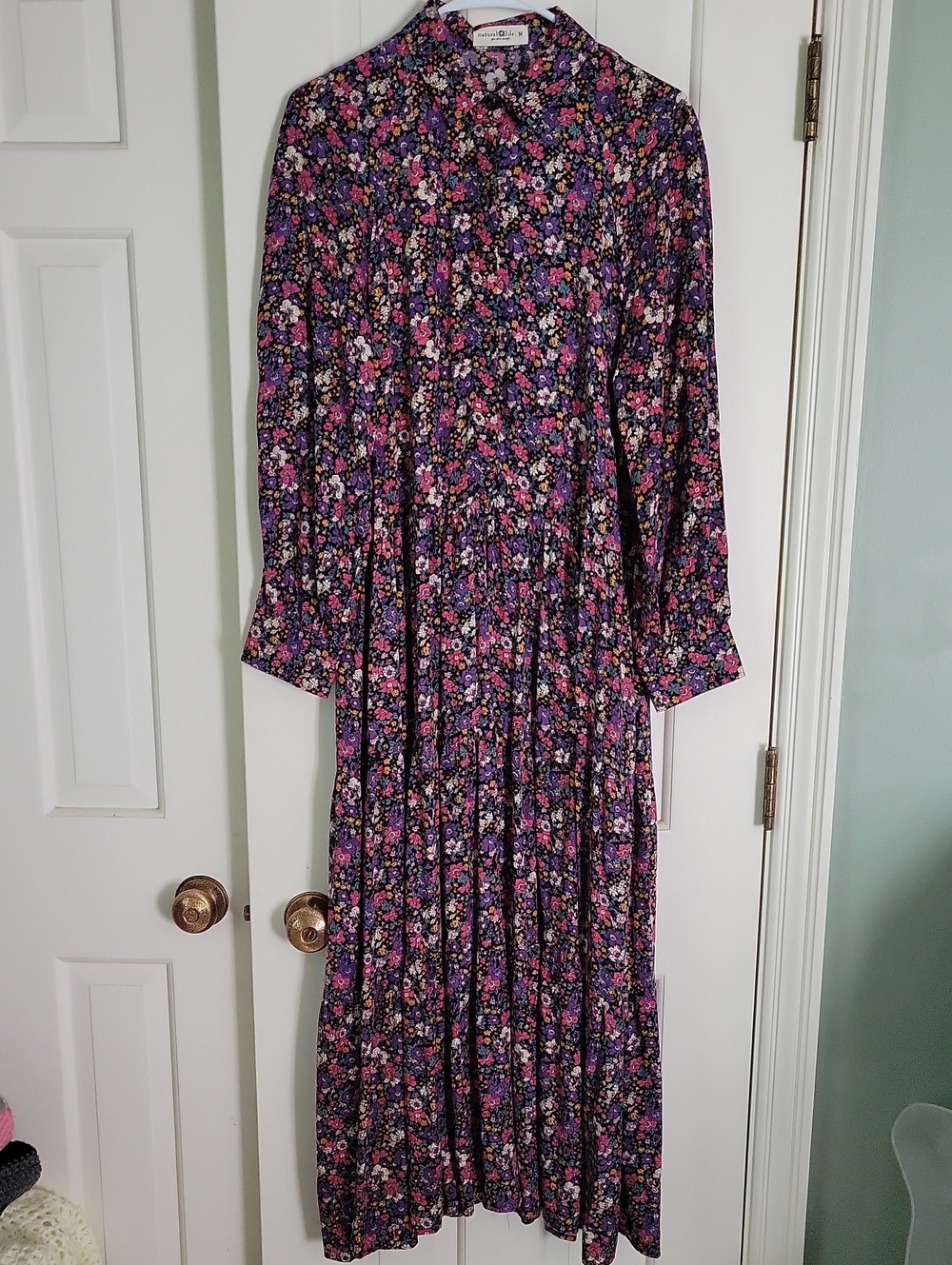 Natural Life Long Sleeve Maxi Dress Tiered Dark Floral Sz M